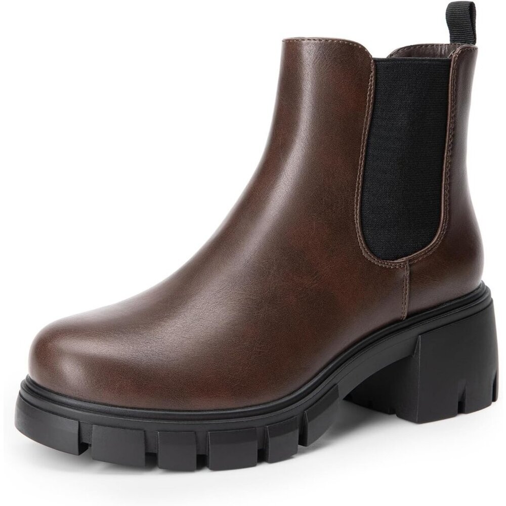 Dream Pairs Womens Brown Polyurethane (PU) Slip On Chunky Platform Ankle Boots